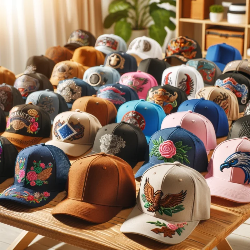 A collection of custom hats with diverse designs and colors on display, highlighting unique embroidery and styles