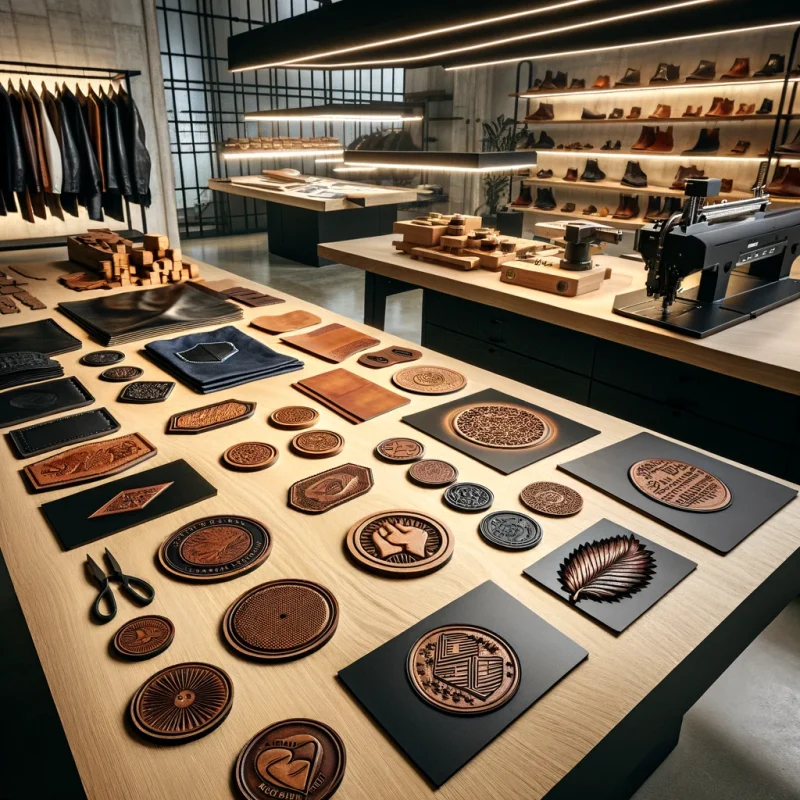 An assortment of leather patches on a worktable in a fashion studio, surrounded by craftsmanship tools