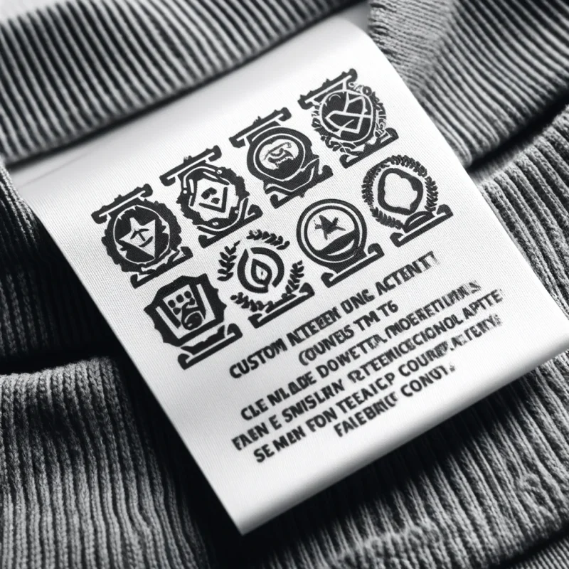 Neck tags featuring symbols for brand logo, care instructions, and fabric content on a T-shirt