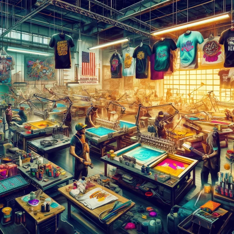 Interior of 'Moink Custom' screen printing studio showing workers using high-tech equipment to apply vibrant designs on various garments.