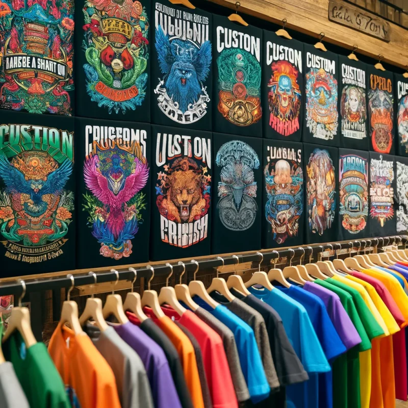 A vibrant display of custom t-shirts in various designs and colors, showcasing the options available for custom t-shirts in Las Vegas.