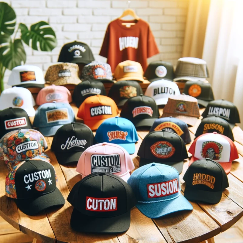A variety of custom hats displayed on a wooden table, featuring different styles like baseball caps, bucket hats, and beanies with unique designs, logos, and text.