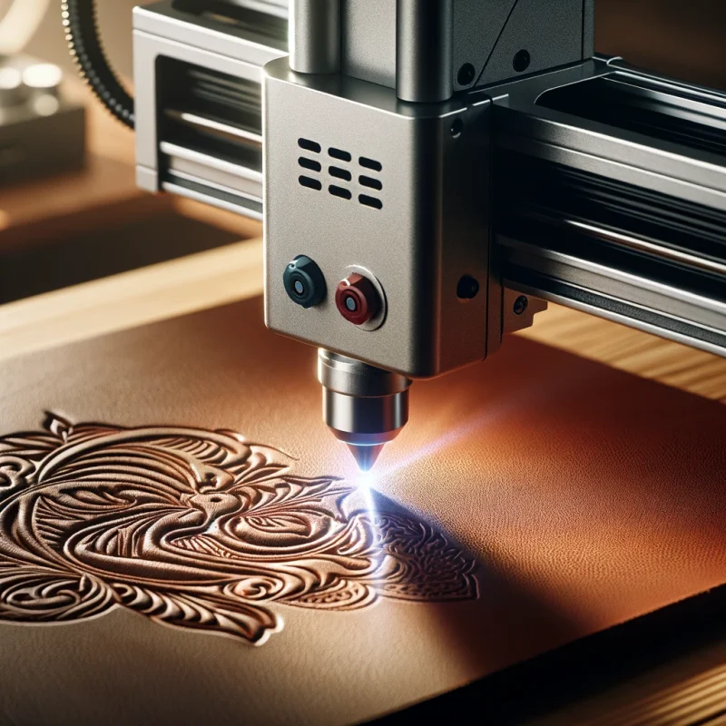 High-quality laser engraving on a leather surface featuring a company's logo with sharp, precise lines.