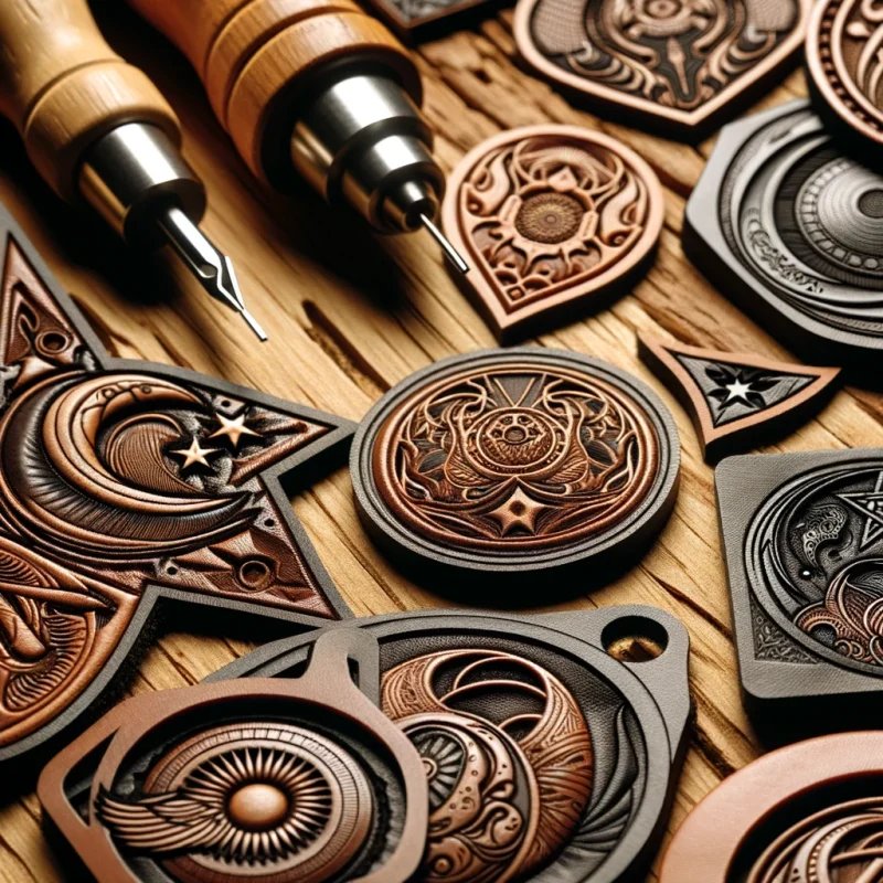 Close-up of various engraved leather patches with intricate designs and logos on a wooden surface.